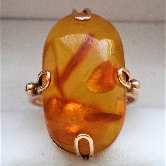 Vintage Russian Russia 14K 583 Rose Pink Gold Honey Baltic Amber Cocktail RING - Picture 2 of 9